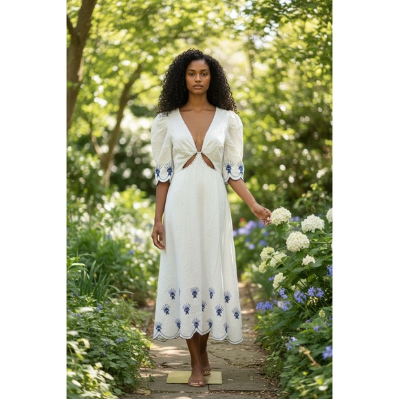 FARM Rio Dresses & Skirts - FARM Rio Sea of Fish Ankle Dress NWOT SZ Small Off-White Blue Embroidered Cutout